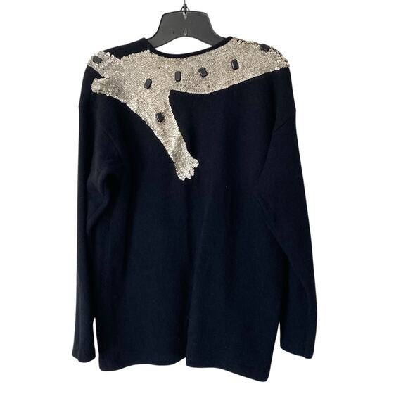 Vintage Outlander Silver Sequin Cheetah Leopard Black Angora Blend Sweater large - Picture 2 of 7